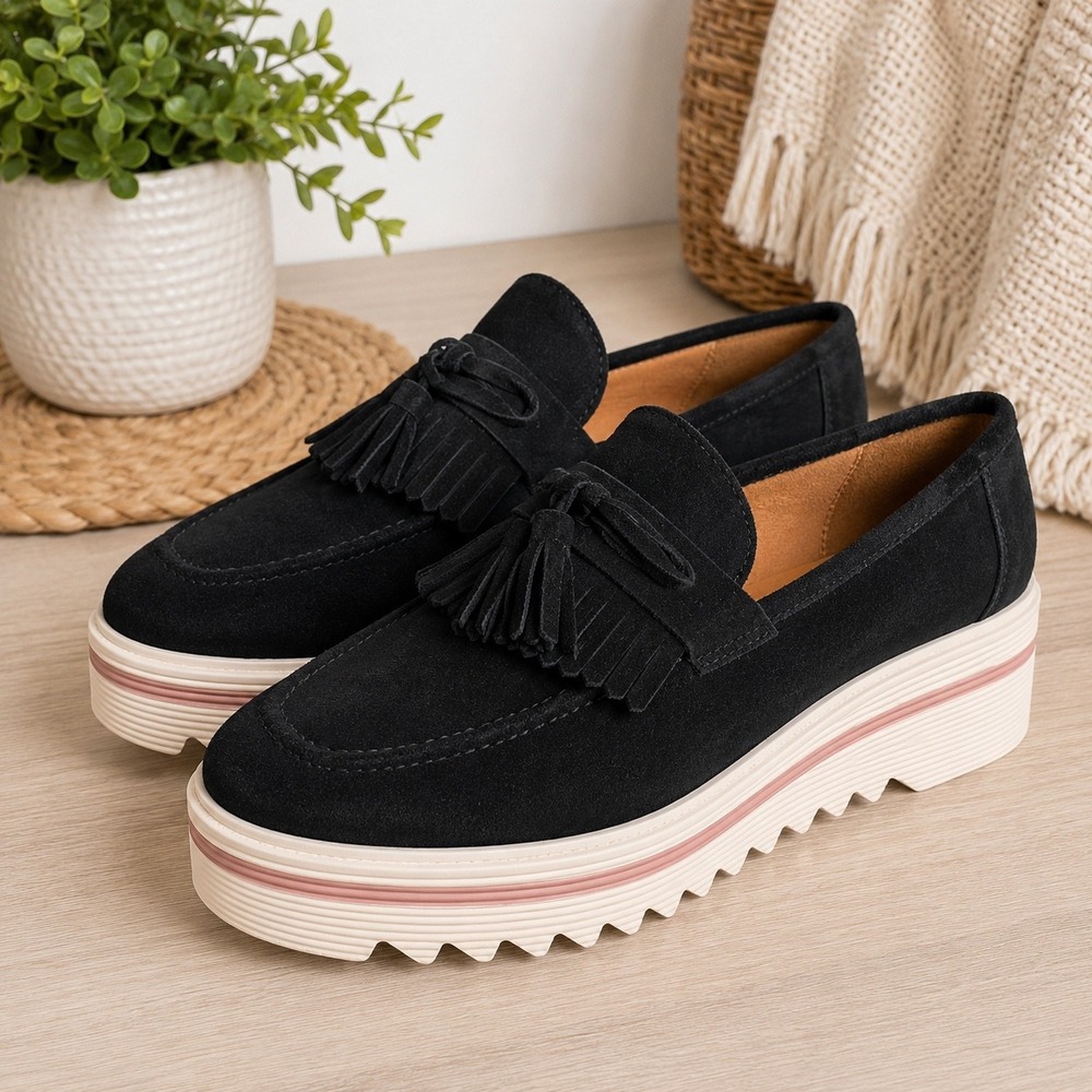 Black Suede Tassel Kiltie Platform Loafer Chunky Ripple Sole Shoes EU 41